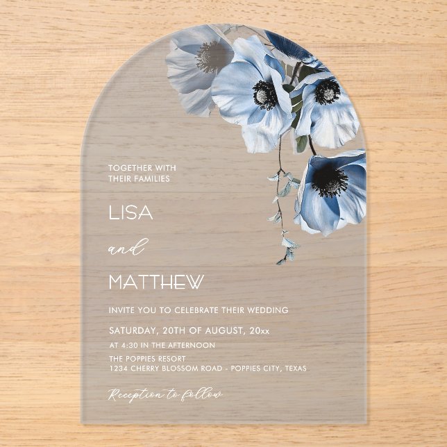 Blue Flowers White Acrylic Invitations (Front)