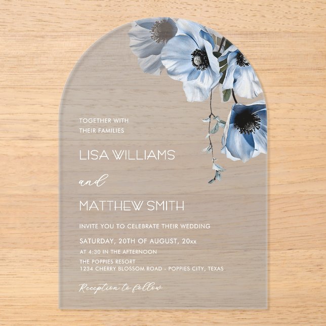 Blue Flowers White Acrylic Invitations (Front)