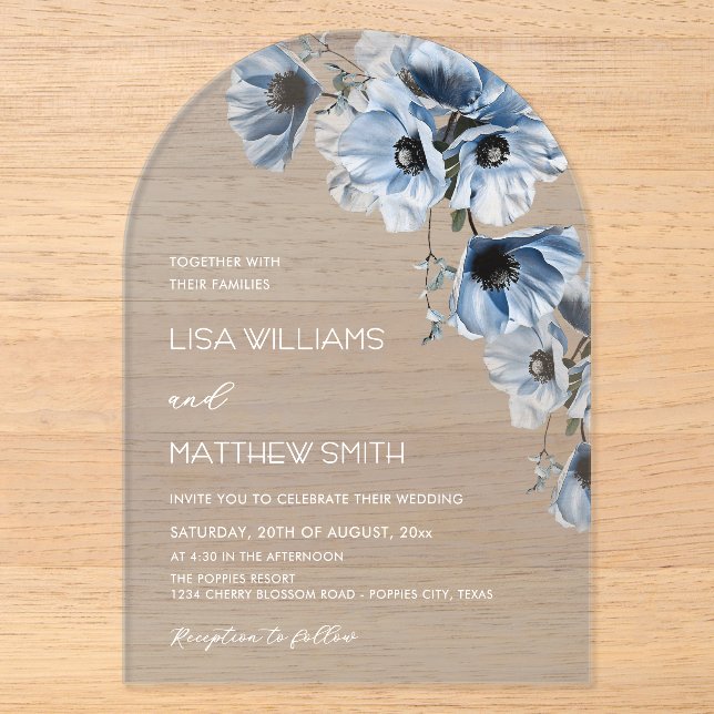 Blue Flowers White Acrylic Invitations (Front)