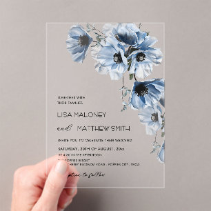 Blue Flowers White Clear Wedding Invitation