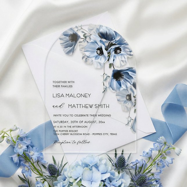 Blue Flowers White Clear Wedding Invitation (Creator Uploaded)