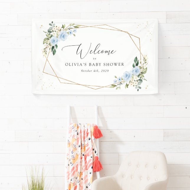 Blue Flowers, White Flowers, Baby Shower Welcome Banner (Insitu)