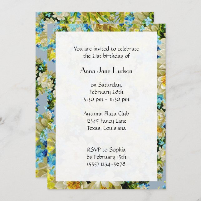 Blue Flowers, White Flowers, Floral Birthday Invitation (Front/Back)