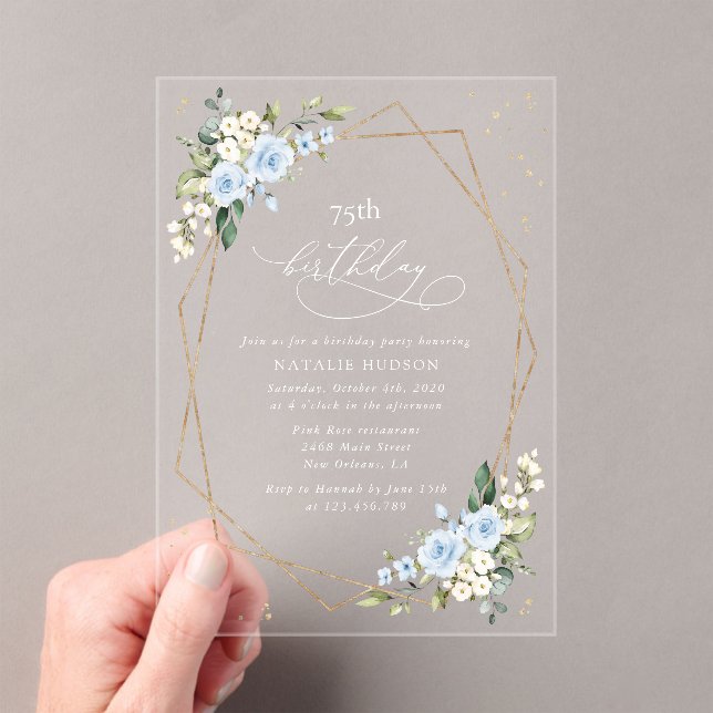 Blue Flowers, White Flowers, Greenery, Birthday Acrylic Invitations (Insitu (Handheld))