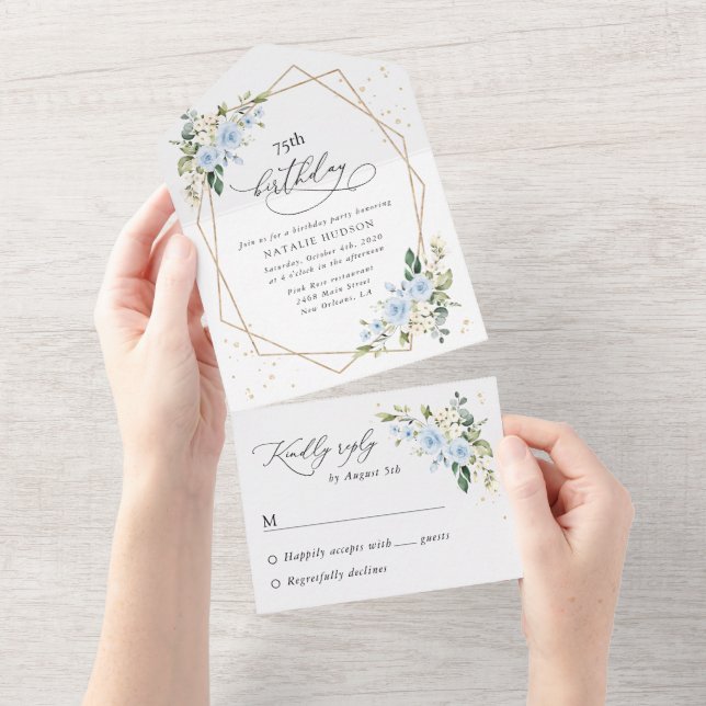 Blue Flowers, White Flowers, Greenery, Birthday All In One Invitation (Tearaway)