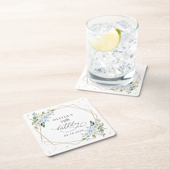 Blue Flowers, White Flowers, Greenery, Birthday Square Paper Coaster (Insitu)