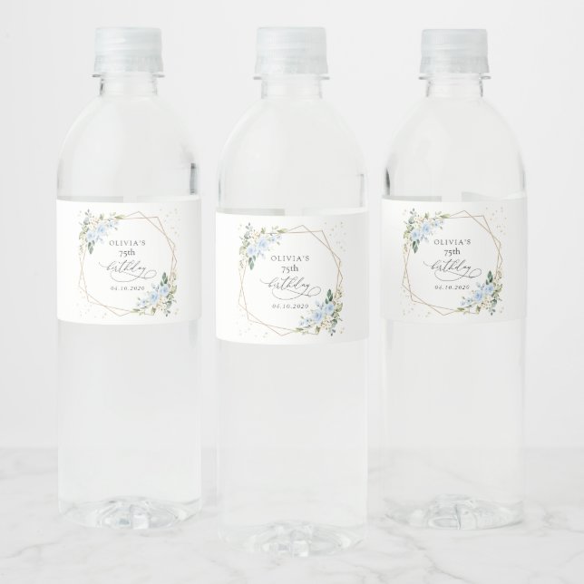 Blue Flowers, White Flowers, Greenery, Birthday Water Bottle Label (Bottles)