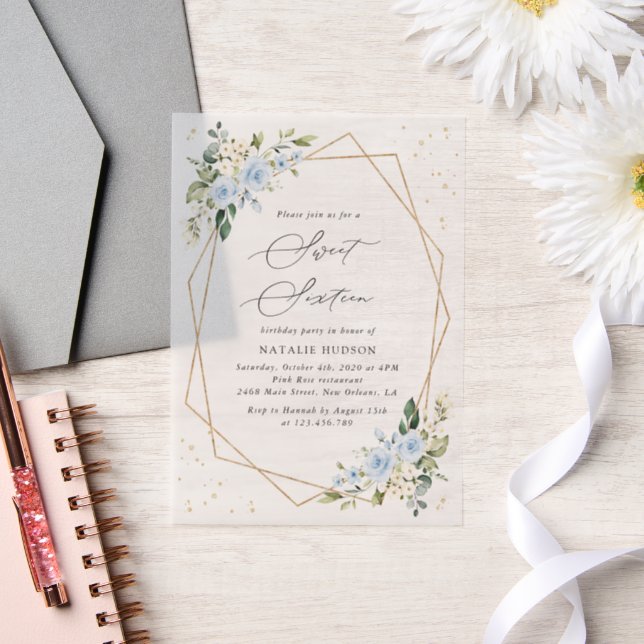 Blue Flowers, White Flowers, Greenery, Sweet 16 Vellum Invitations (Wedding)
