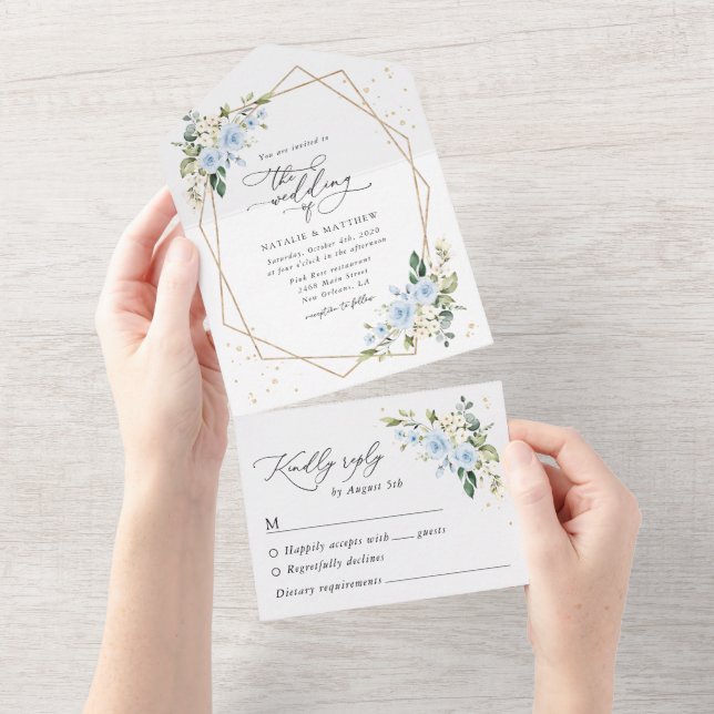 Blue Flowers, White Flowers, Greenery, Wedding All In One Invitation (Tearaway)
