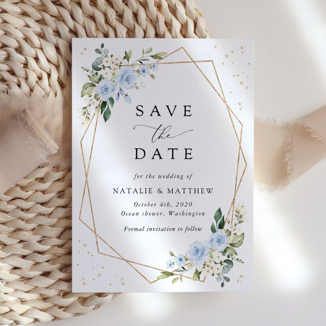 Blue Flowers, White Flowers, Greenery, Wedding Save The Date (Creator Uploaded)