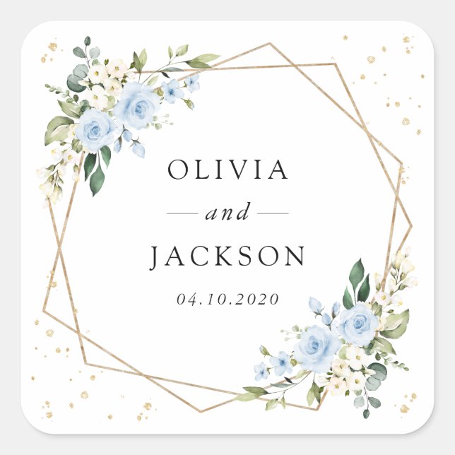 Blue Flowers, White Flowers, Greenery, Wedding Square Sticker (Front)