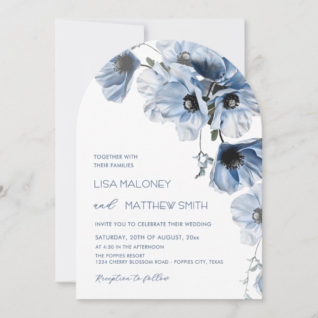 Blue Flowers White Wedding Invitation (Front)