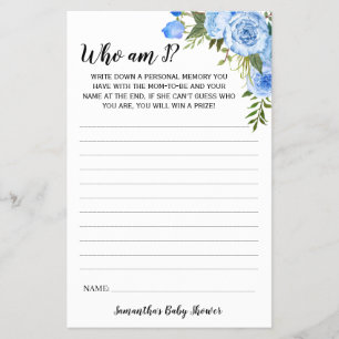 Blue Flowers Who am I Baby Shower Game Card