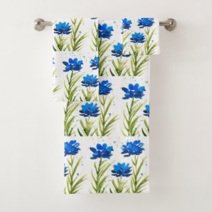 Blue flowers Wildflowers Watercolor Feminine Chic Bath Towel Set