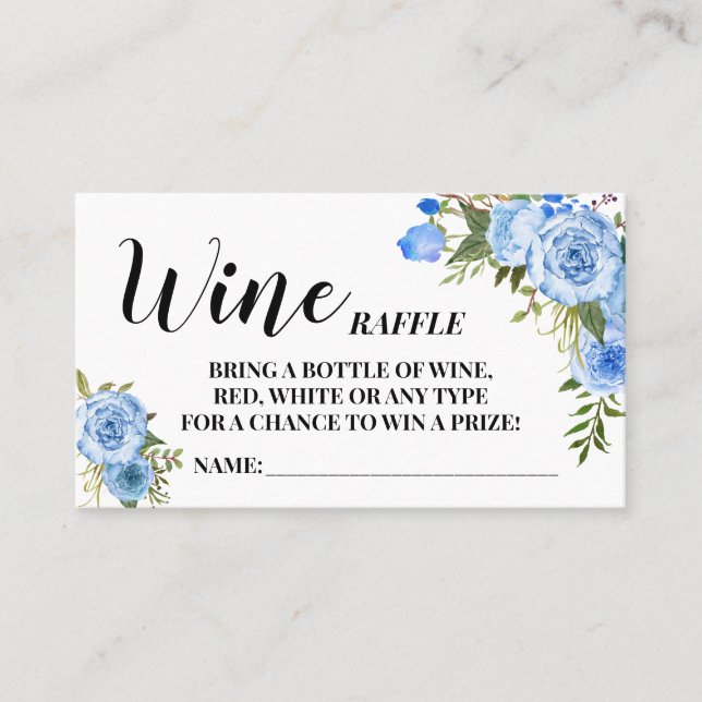 Blue Flowers Wine Raffle Ticket Bridal Shower card (Front)