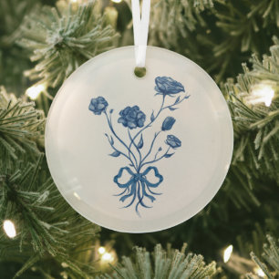 Blue Flowers With Bow Glass Ornament