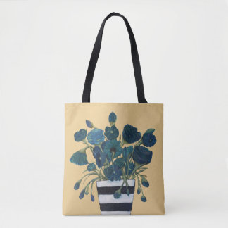 Blue Flowers with Striped Vase Fine Art Tote Bag