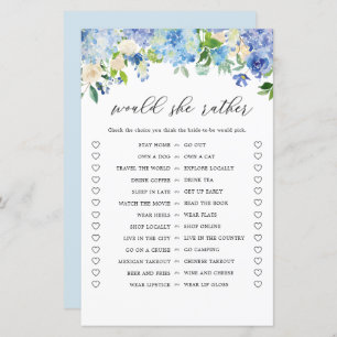 Blue Flowers Would She Rather Bridal Shower Game 