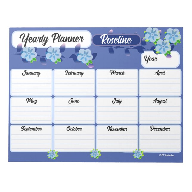 Blue Flowers Yearly Planner Notepad (Front)
