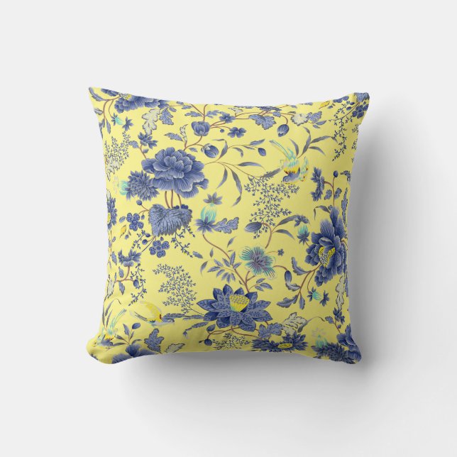 Blue Flowers Yellow Birds Throw Pillow (Front)