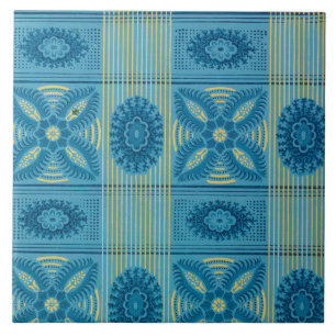 Blue  flowers yellow stripes vintage art ceramic tile