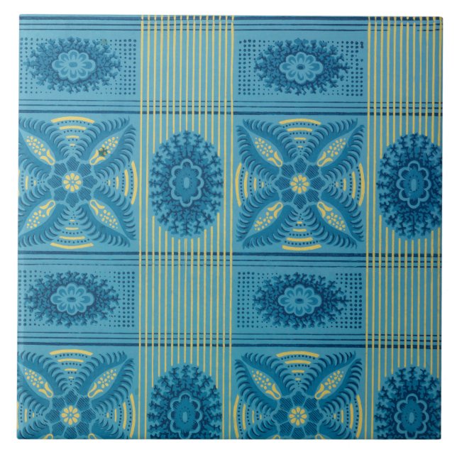 Blue  flowers yellow stripes vintage art ceramic tile (Front)