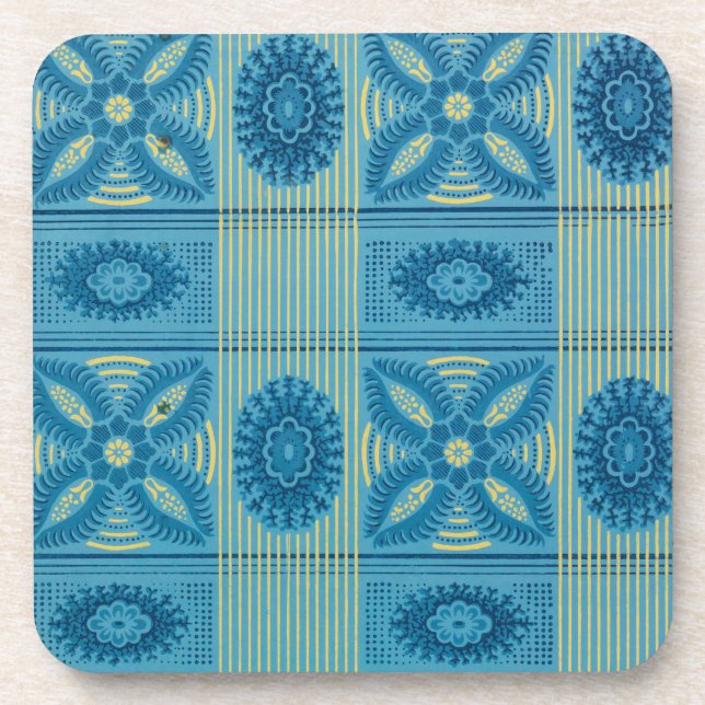 Blue  flowers yellow stripes vintage art Pattern  Coaster (Front)