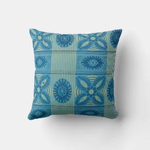 Blue flowers yellow stripes vintage art Pattern Cushion
