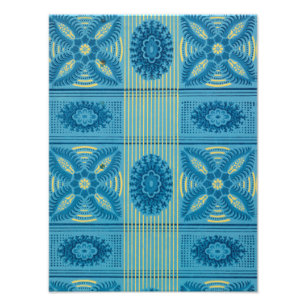 Blue flowers yellow stripes vintage art Pattern Photo Print