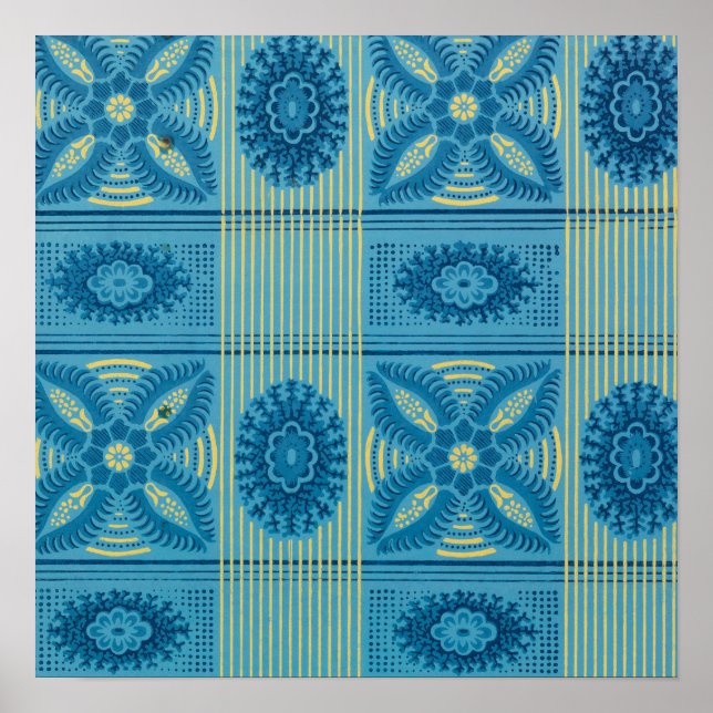 Blue  flowers yellow stripes vintage art Pattern  Poster (Front)