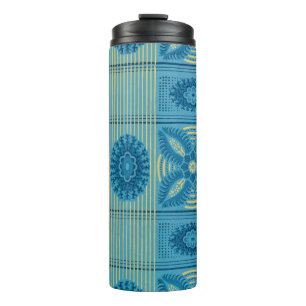 Blue  flowers yellow stripes vintage art Pattern  Thermal Tumbler