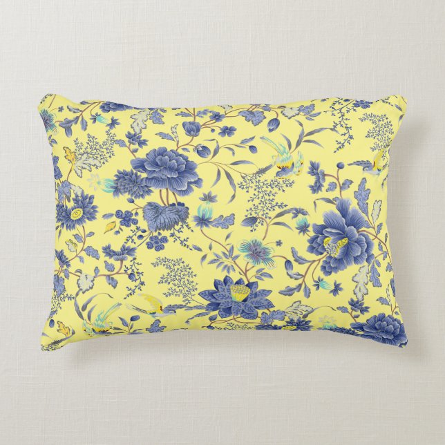 Blue Flowers Yellow Throw Pillow (Front)