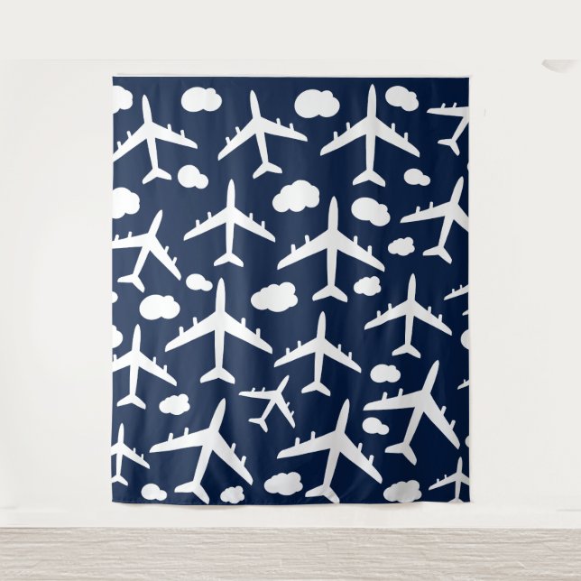 Blue flying aeroplanes aircraft pattern  tapestry (Front)