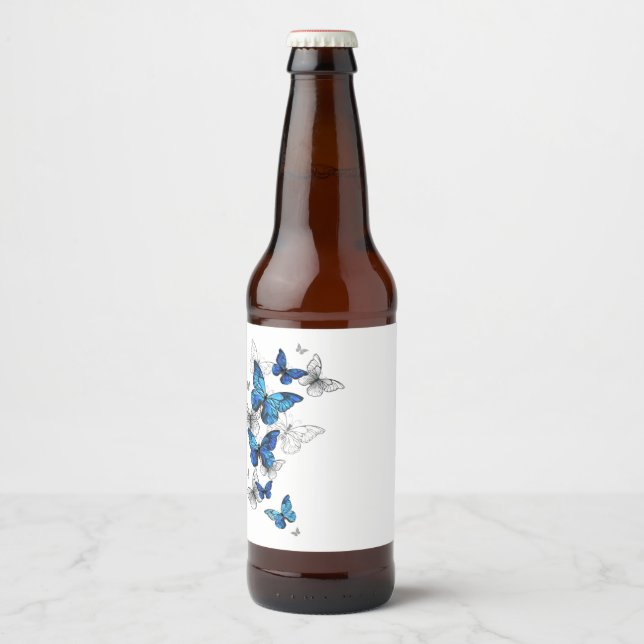 Blue Flying Butterflies Morpho Beer Bottle Label (Front)