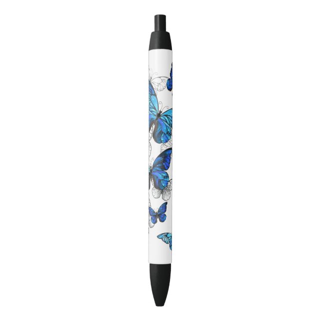Blue Flying Butterflies Morpho Black Ink Pen (Front Vertical)
