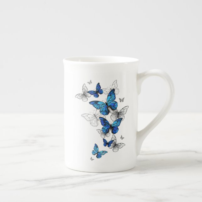 Blue Flying Butterflies Morpho Bone China Mug (Right)