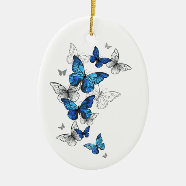 Blue Flying Butterflies Morpho Ceramic Ornament (Front)