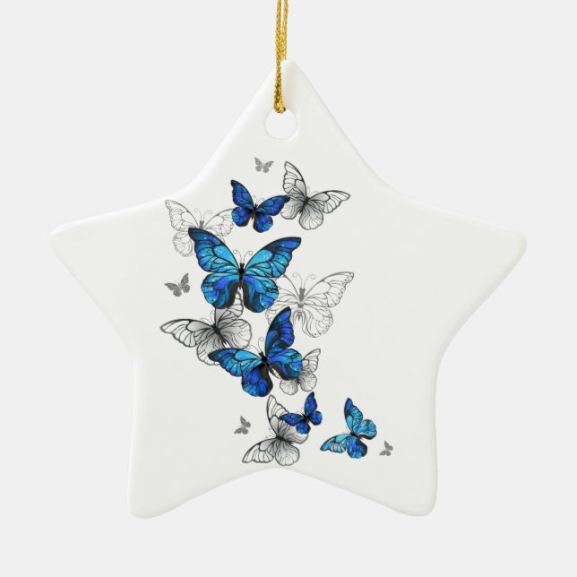 Blue Flying Butterflies Morpho Ceramic Ornament (Front)