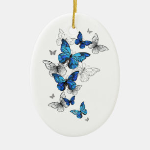 Blue Flying Butterflies Morpho Ceramic Ornament