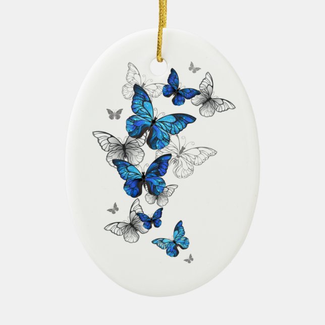 Blue Flying Butterflies Morpho Ceramic Ornament (Front)