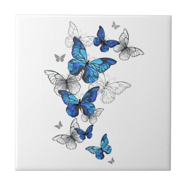 Blue Flying Butterflies Morpho Ceramic Tile (Front)