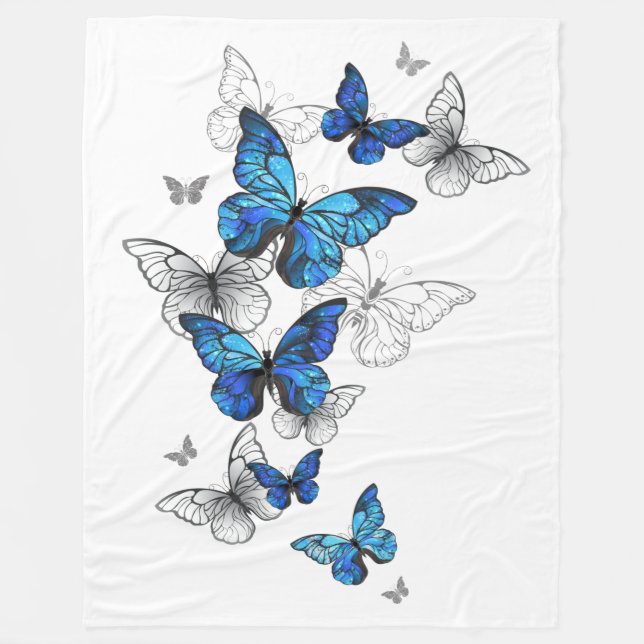 Blue Flying Butterflies Morpho Fleece Blanket (Front)