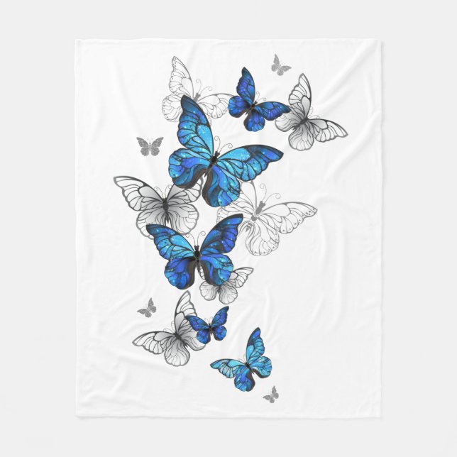 Blue Flying Butterflies Morpho Fleece Blanket (Front)