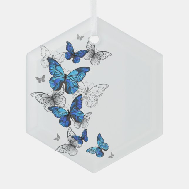 Blue Flying Butterflies Morpho Glass Tree Decoration (Front)