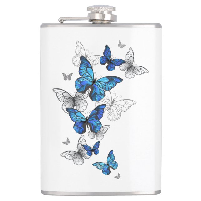 Blue Flying Butterflies Morpho Hip Flask (Front)