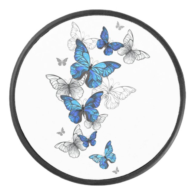 Blue Flying Butterflies Morpho Hockey Puck (Front)