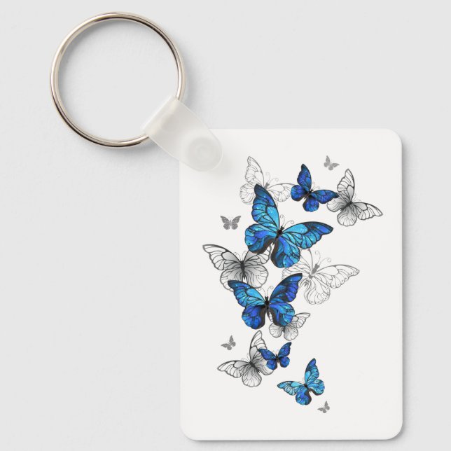 Blue Flying Butterflies Morpho Key Ring (Front)
