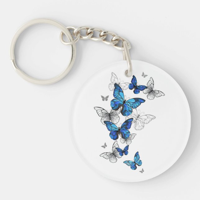 Blue Flying Butterflies Morpho Key Ring (Front)