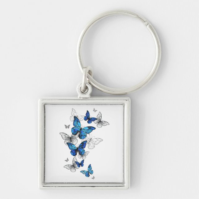 Blue Flying Butterflies Morpho Key Ring (Front)