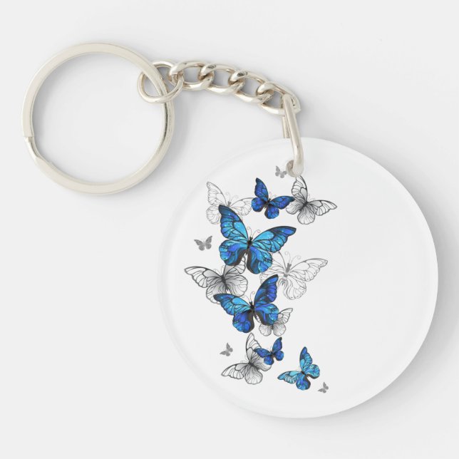 Blue Flying Butterflies Morpho Key Ring (Front)